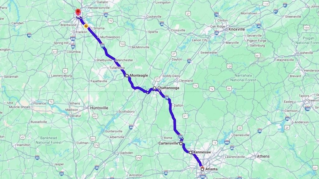 Your road trip map from Atlanta to Nashville