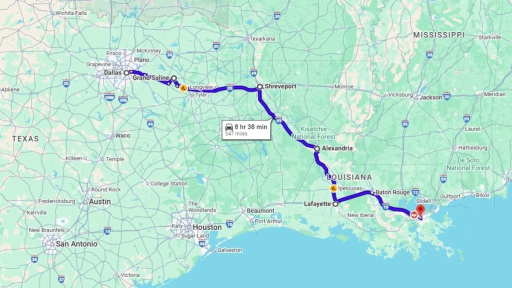 Your road trip map from Dallas to New Orleans
