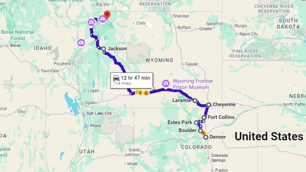 Your road trip map from Denver to Yellowstone