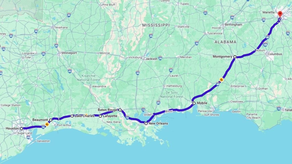 Your road trip map from Houston to Atlanta