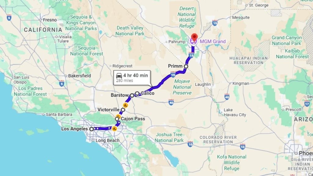 Your road trip map from Los Angeles to Las Vegas