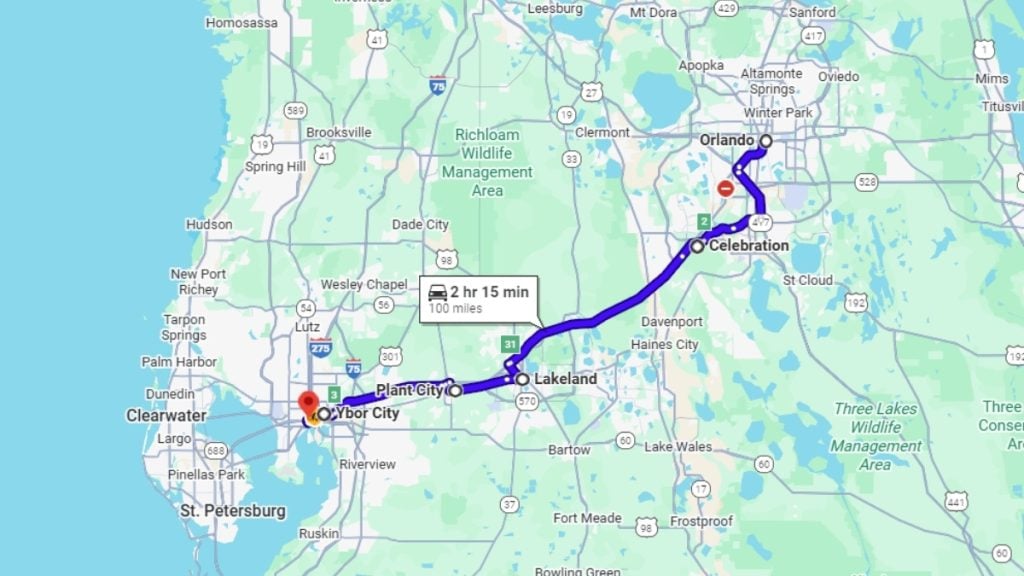 Your road trip map from Orlando to Tampa