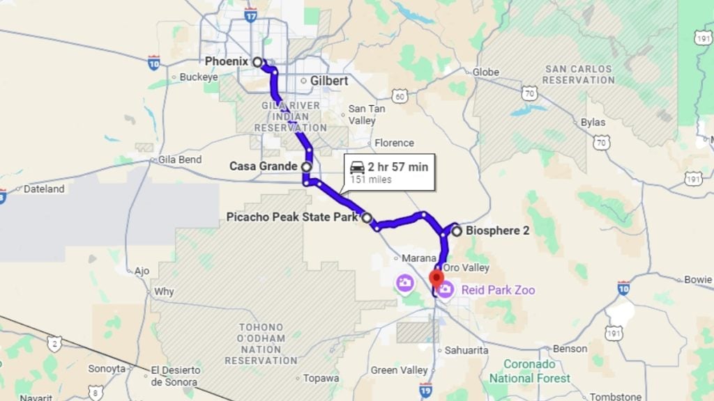Your road trip map from Phoenix to Tucson