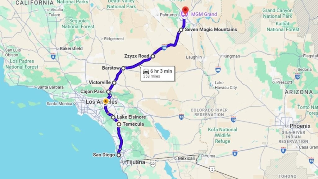 Your road trip map from San Diego to Las Vegas