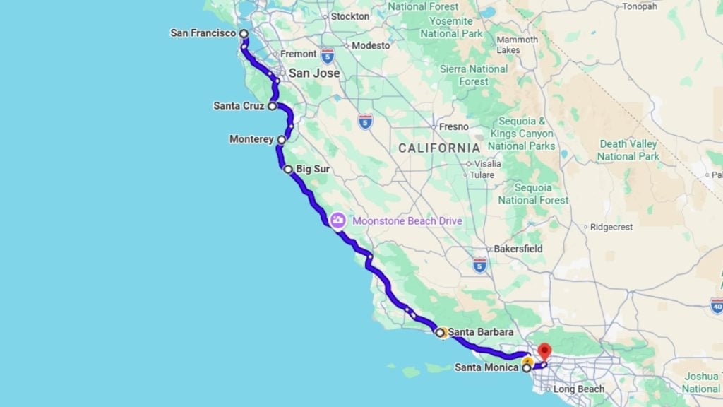 Your road trip map from San Francisco to Los Angeles