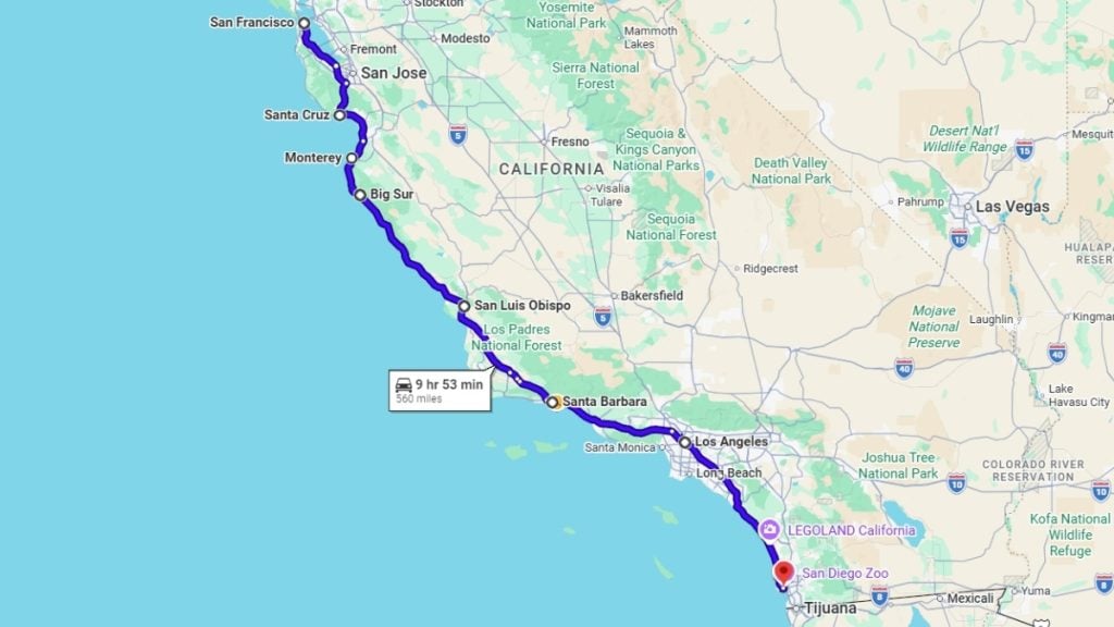 Your road trip map from San Francisco to San Diego