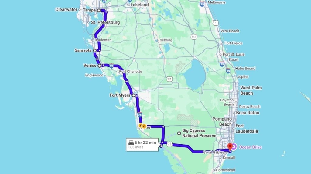 Your road trip map from Tampa to Miami