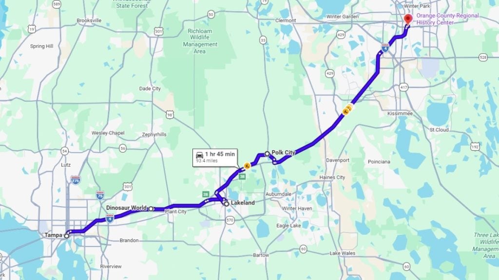 Your road trip map from Tampa to Orlando