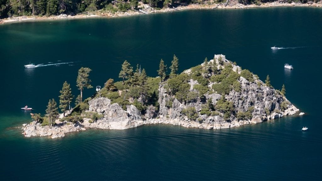 How long does it take to drive around Lake Tahoe?. In photo: Fannette Island, South Lake Tahoe, California