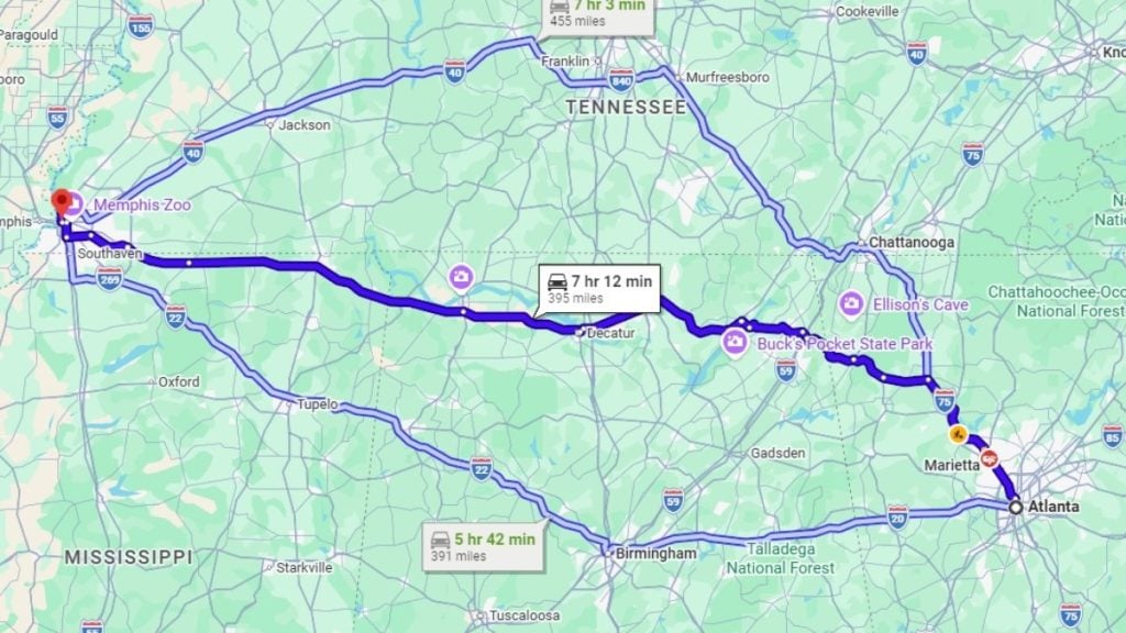 Your road trip map from Atlanta to Memphis