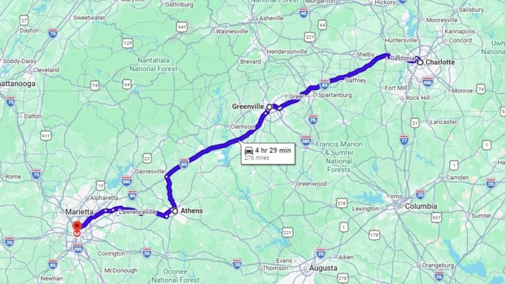 Your road trip map from Charlotte to Atlanta