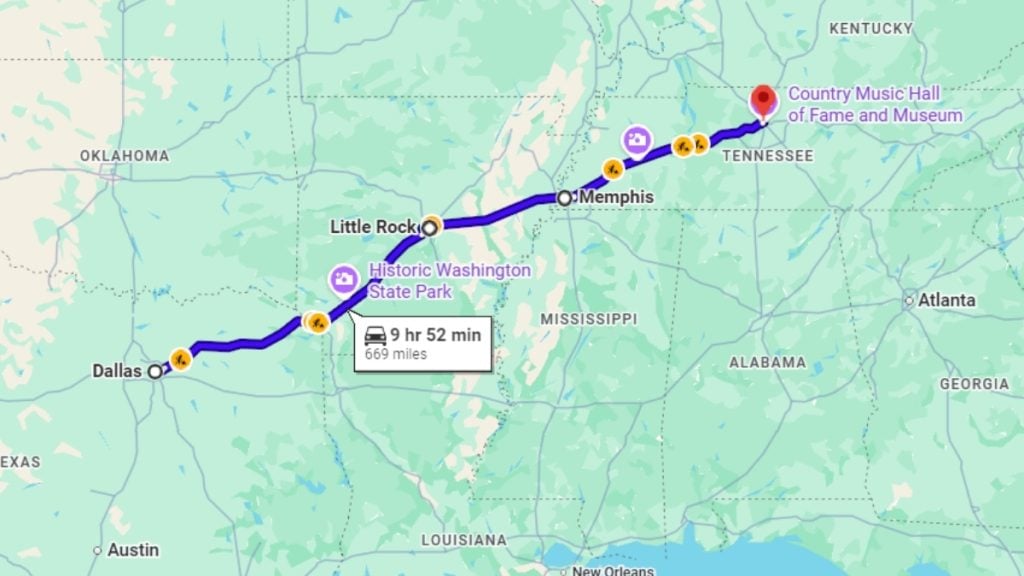 Your road trip map from Dallas to Nashville
