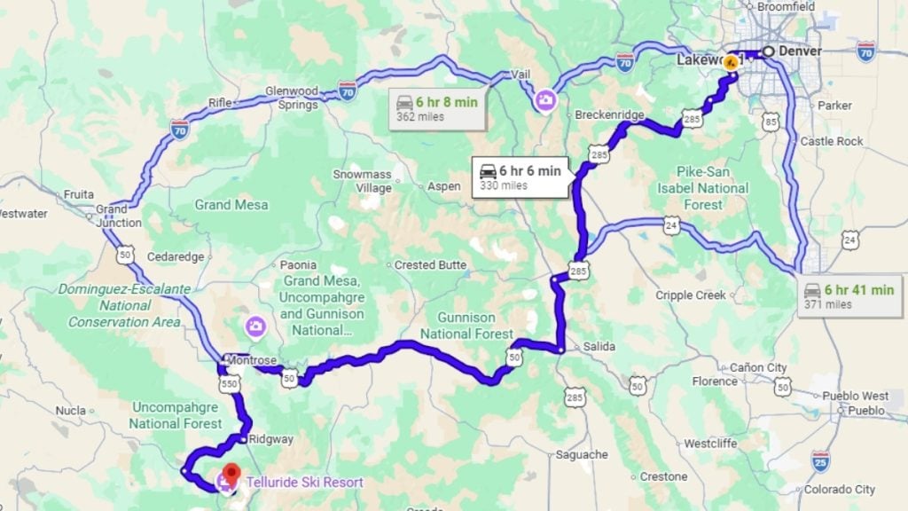 Your road trip map from Denver to Telluride