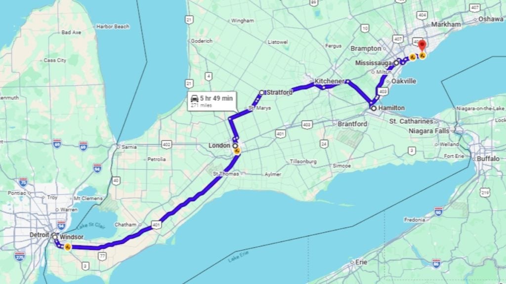 Your road trip map from Detroit to Toronto