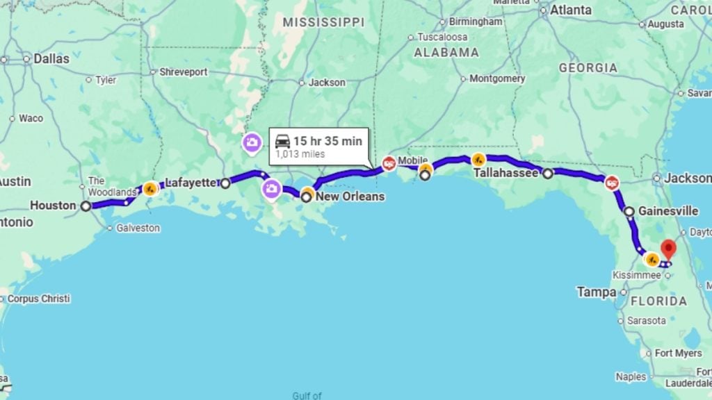Your road trip map from Houston to Orlando