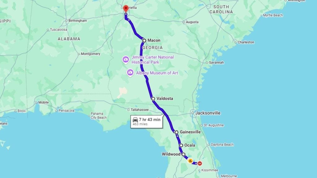 Your road trip map from Orlando to Atlanta
