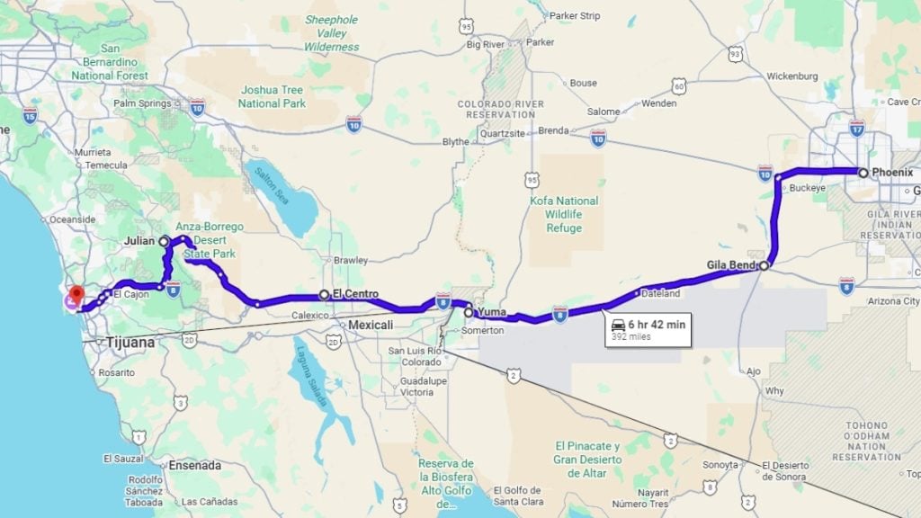 Your road trip map from Phoenix to San Diego