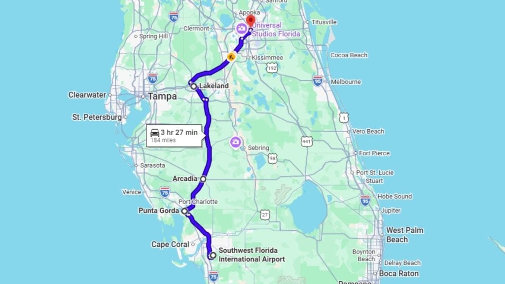 Your road trip map from RSW to Orlando