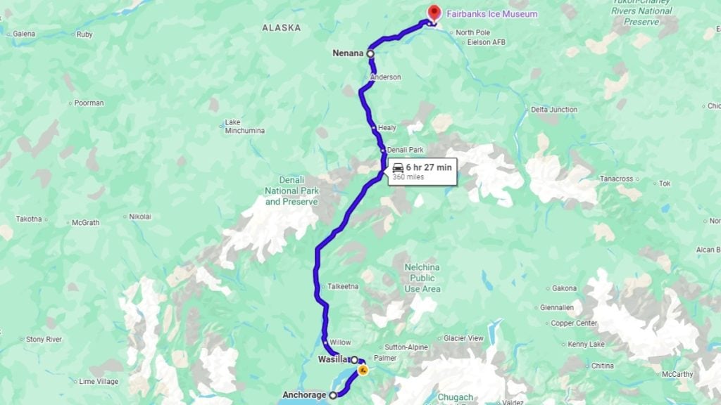 Your road trip map from Anchorage to Fairbanks