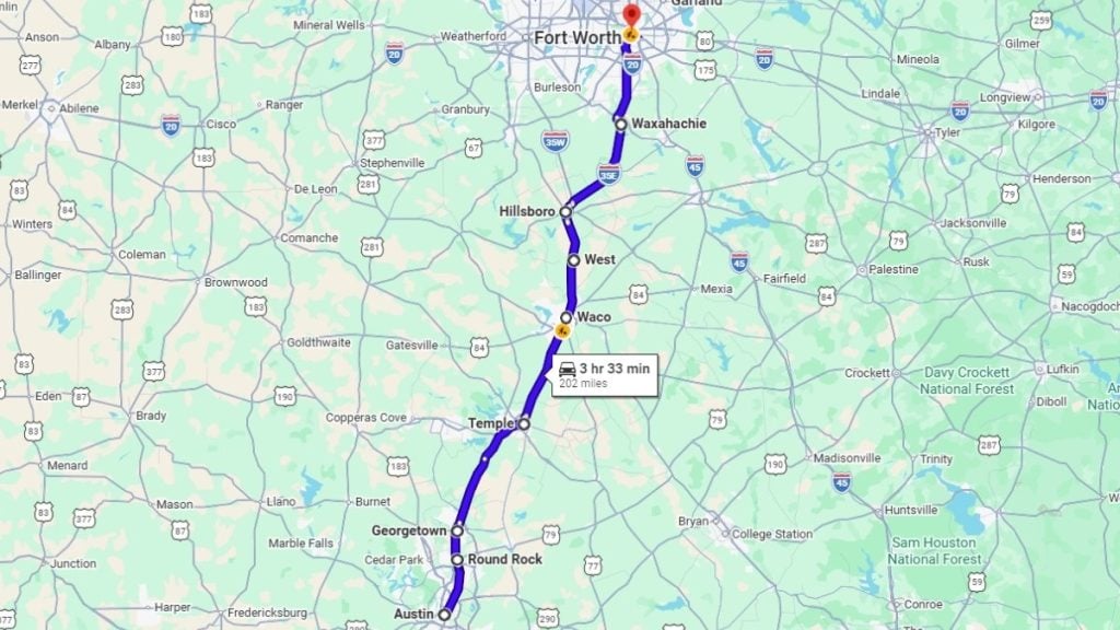 Your road trip map from Austin to Dallas