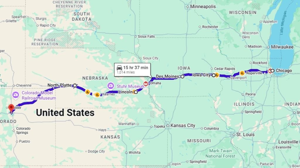Your road trip map from Chicago to Denver