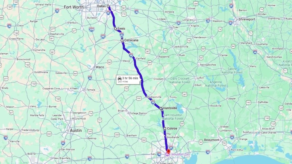 Your road trip map from Dallas to Houston