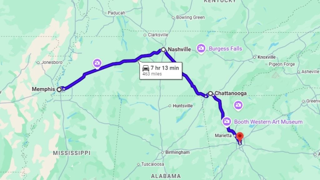 Your road trip map from Memphis to Atlanta
