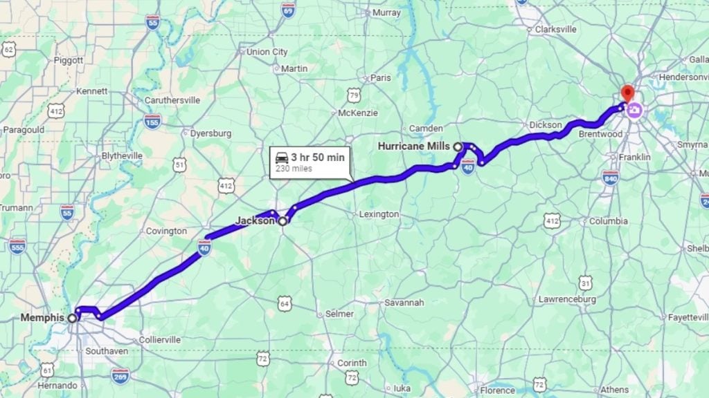 Your road trip map from Memphis to Nashville