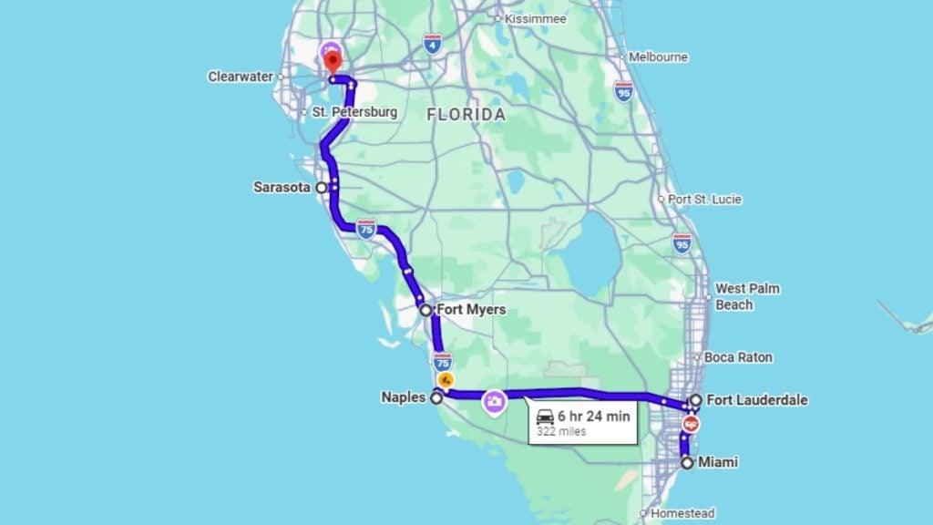 Your road trip map from Miami to Tampa