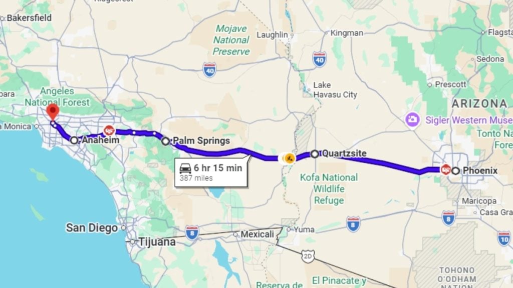 Your road trip map from Phoenix to Los Angeles