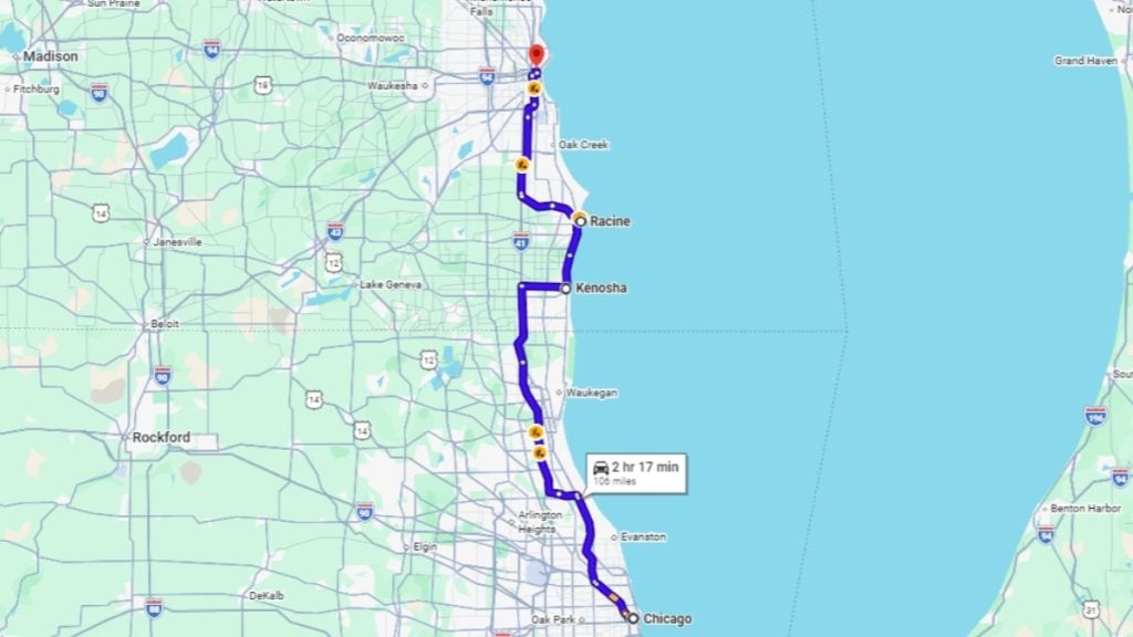 Your road trip map from Chicago to Milwaukee