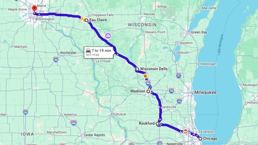 Your road trip map from Chicago to Minneapolis