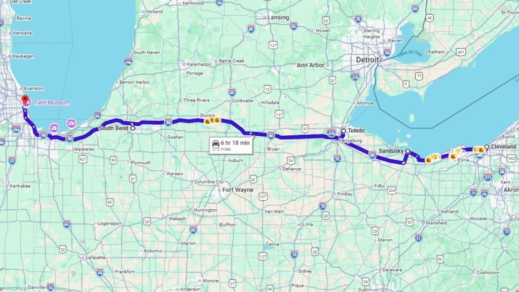 Your road trip map from Cleveland to Chicago