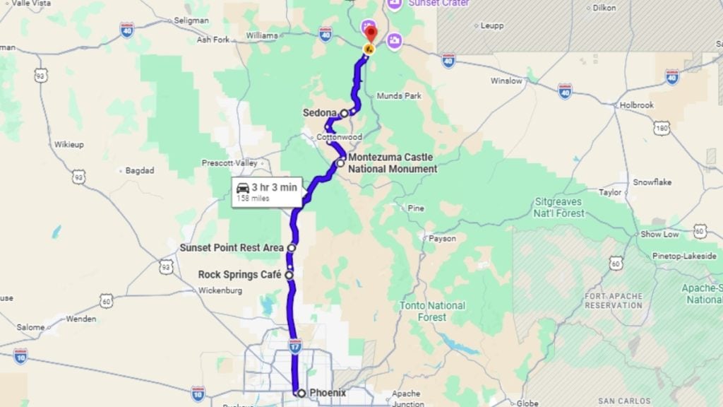 Your road trip map from Phoenix to Flagstaff