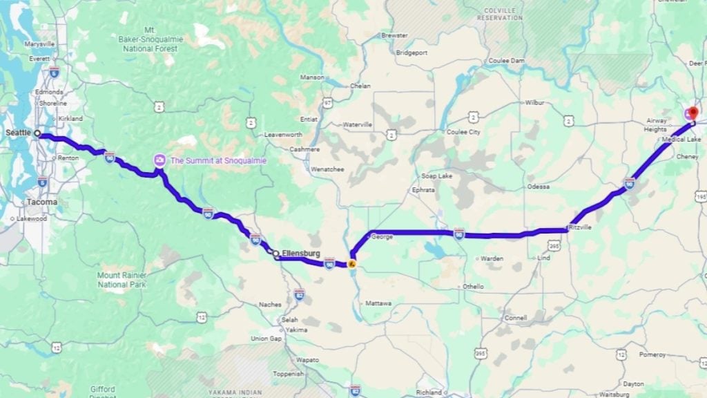 Your road trip map from Seattle to Spokane