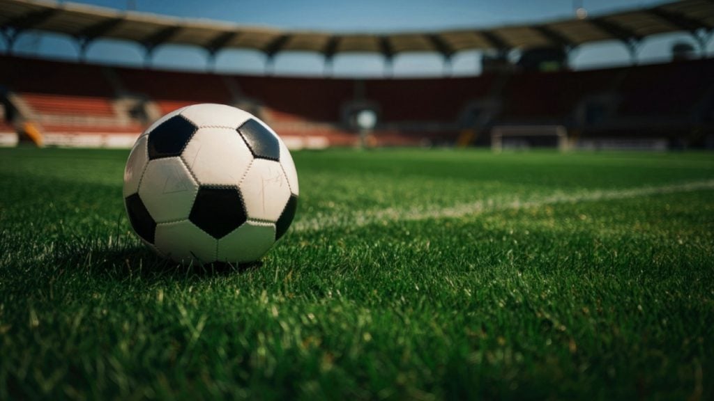 Football on a grass pitch in a stadium.