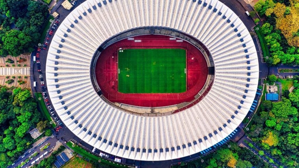 Stadium aerial view with parking.