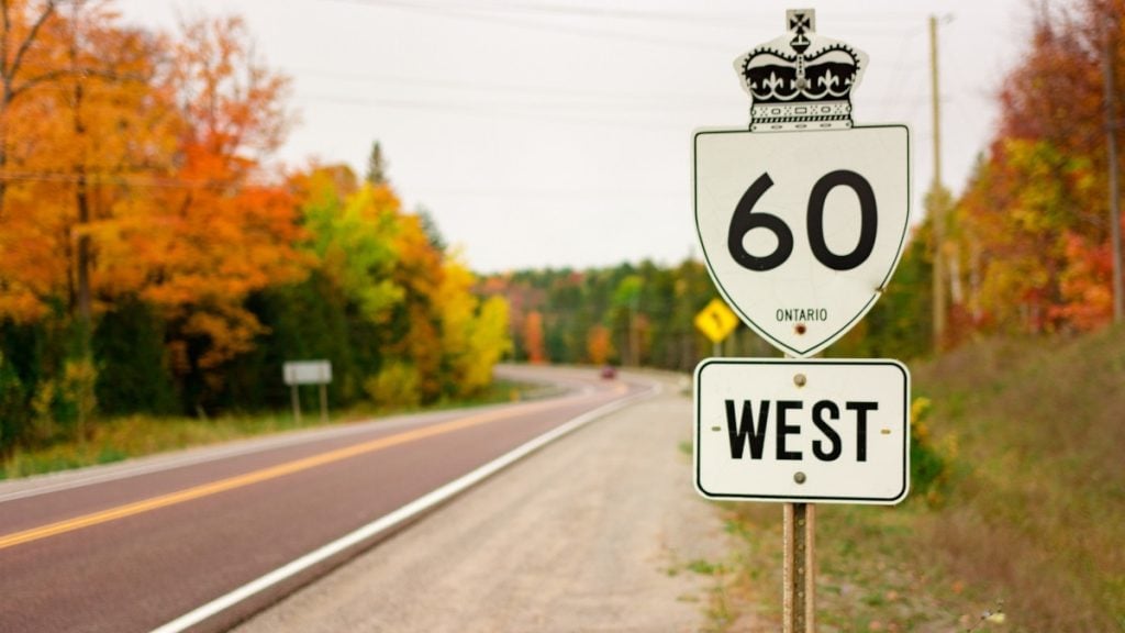 Fall colours in Ontario. In photo: Highway 60 Corridor, Whitney, Ontario