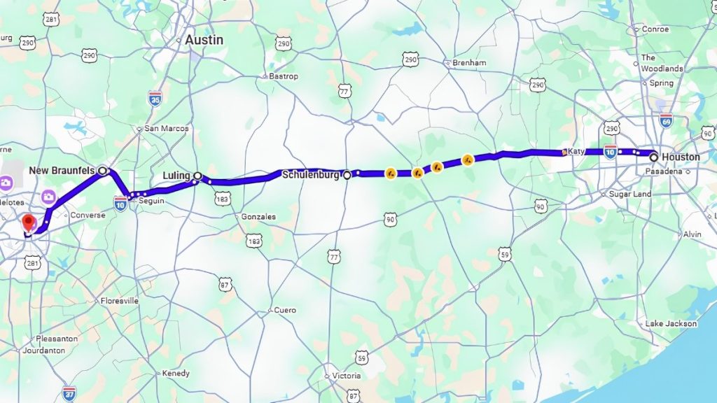 Your road trip map from Houston to San Antonio