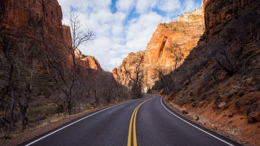 Driving Zion National Park. In photo: Zion Canyon Scenic Drive, Springdale, Utah