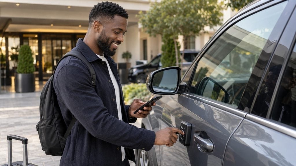 Turo traveler unlocking a rental car at a hotel with a lockbox