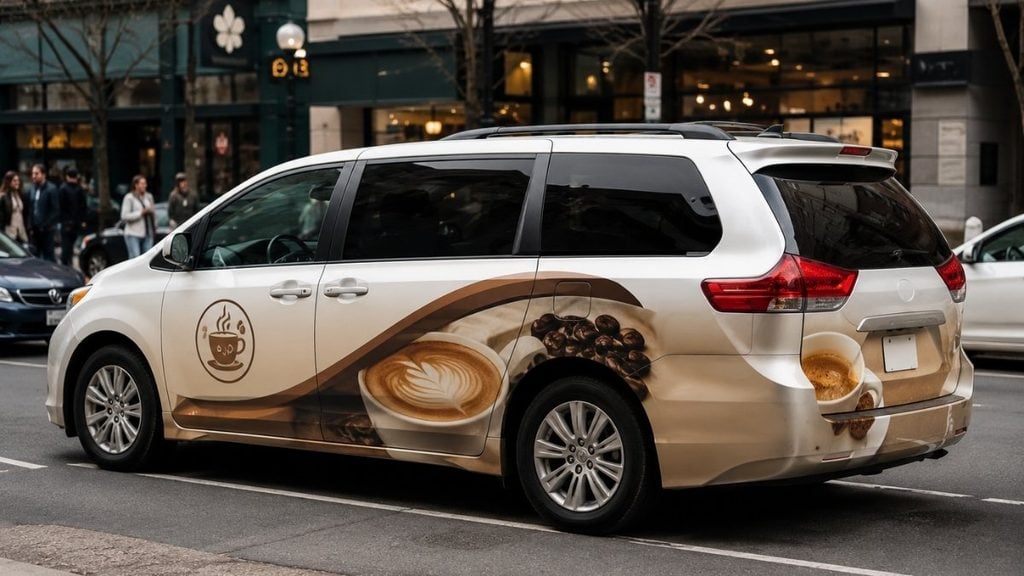 Car with advertising wrap driving through a city