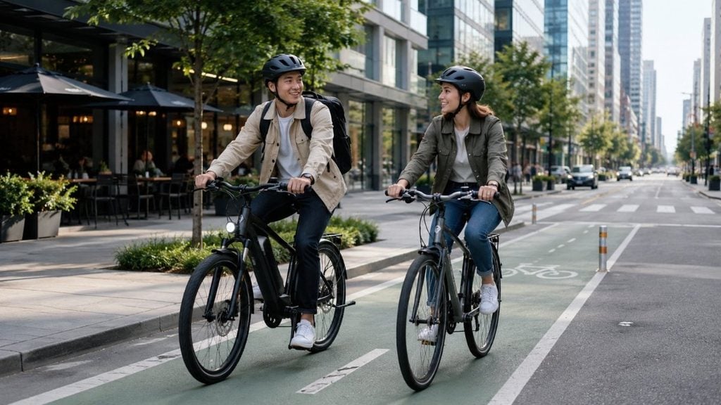Remote workers cycling on e-bikes in a bike-friendly city.