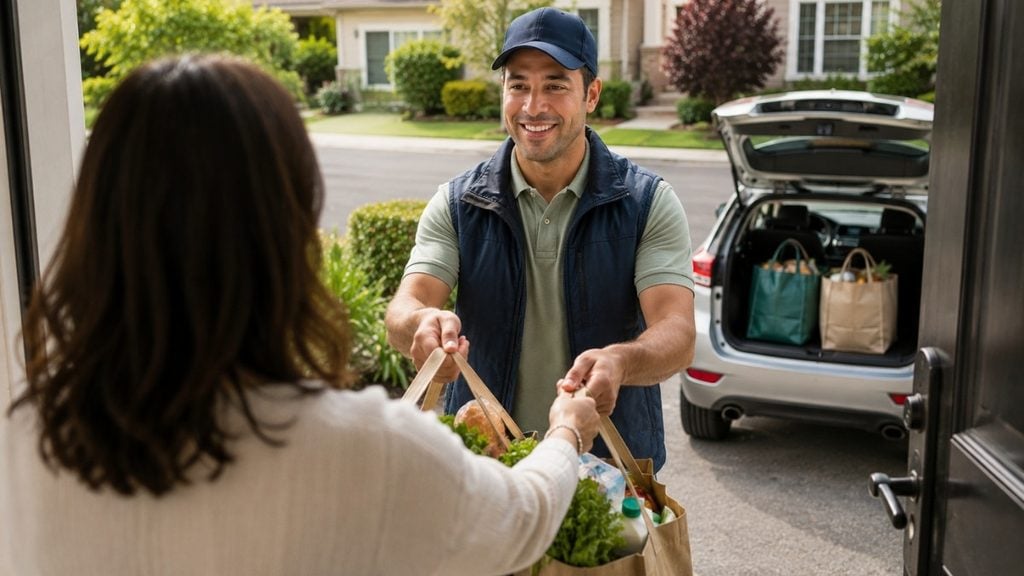 Grocery delivery driver handing bags to customer