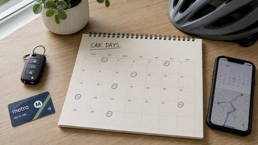 Car-free planning calendar with car keys, Metro card and smartphone map.