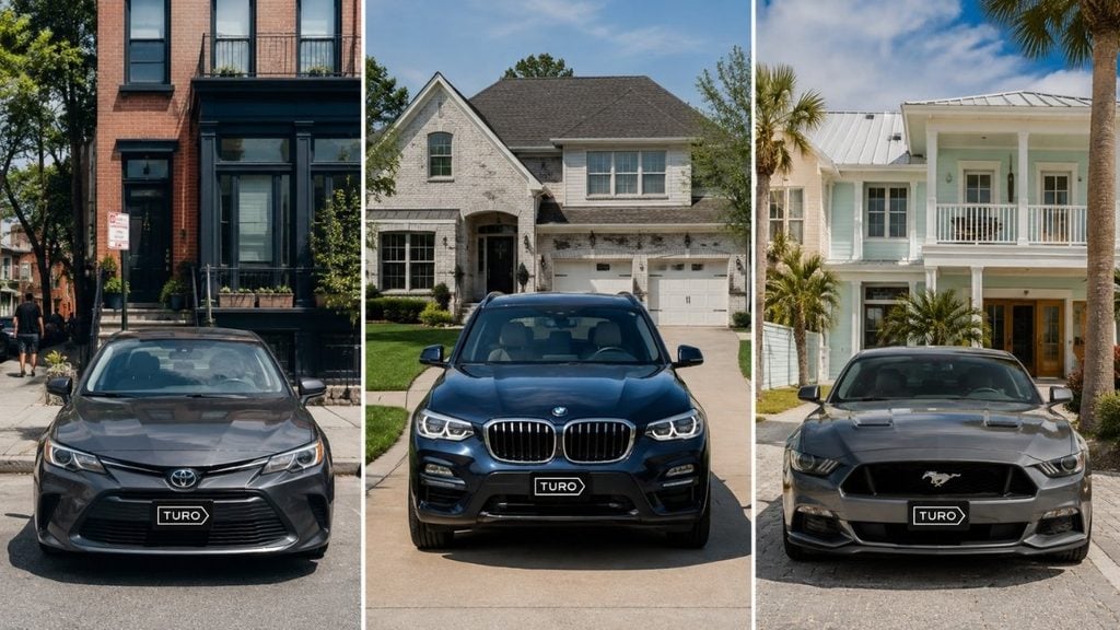 Turo rental cars including a Toyota, BMW and Ford Mustang parked in different residential and city locations