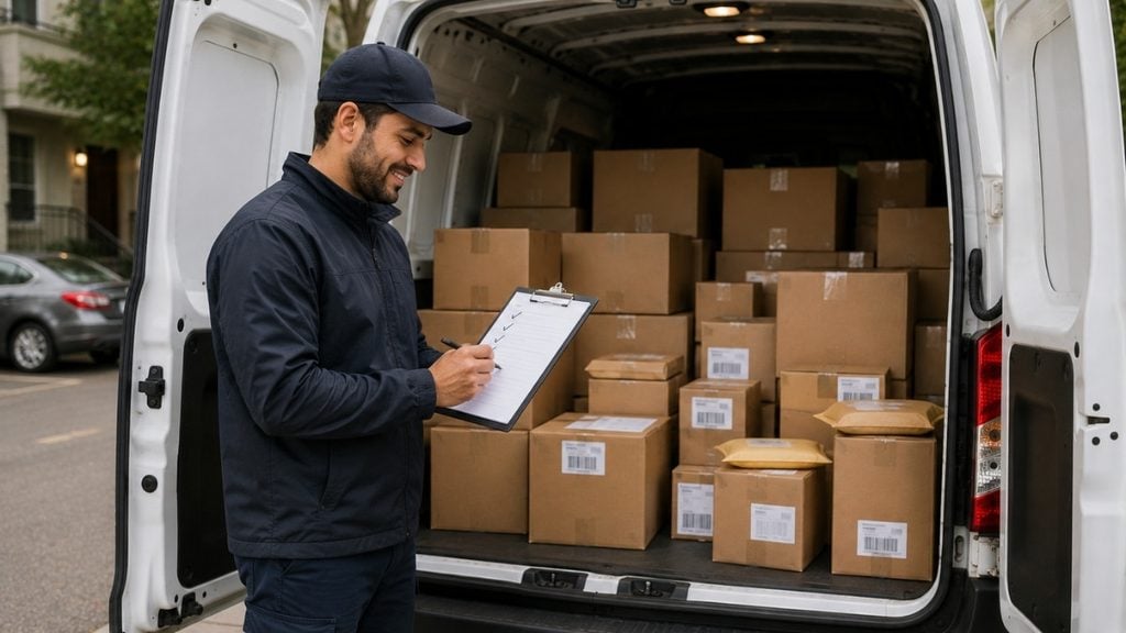 Package delivery driver loading boxes into a van