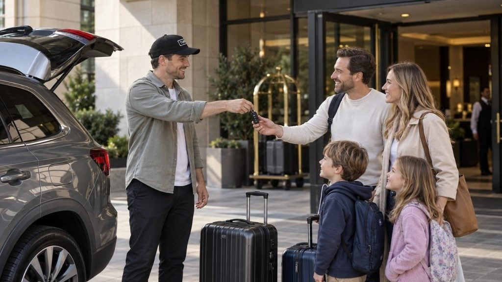 Family receiving a Turo rental car from a host at their hotel