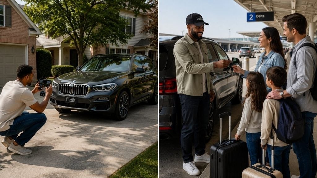 Turo host photographing a BMW and handing car keys to guests at an airport