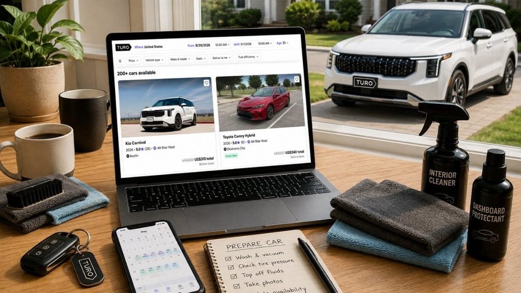 Turo car rental listing with vehicle cleaning supplies and preparation checklist